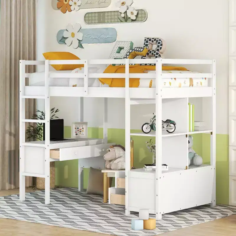 Whisen 78.20''L  57.50''W Wood Loft Bed with Built-in Desk with Two Drawers, Storage Shelves and Drawers