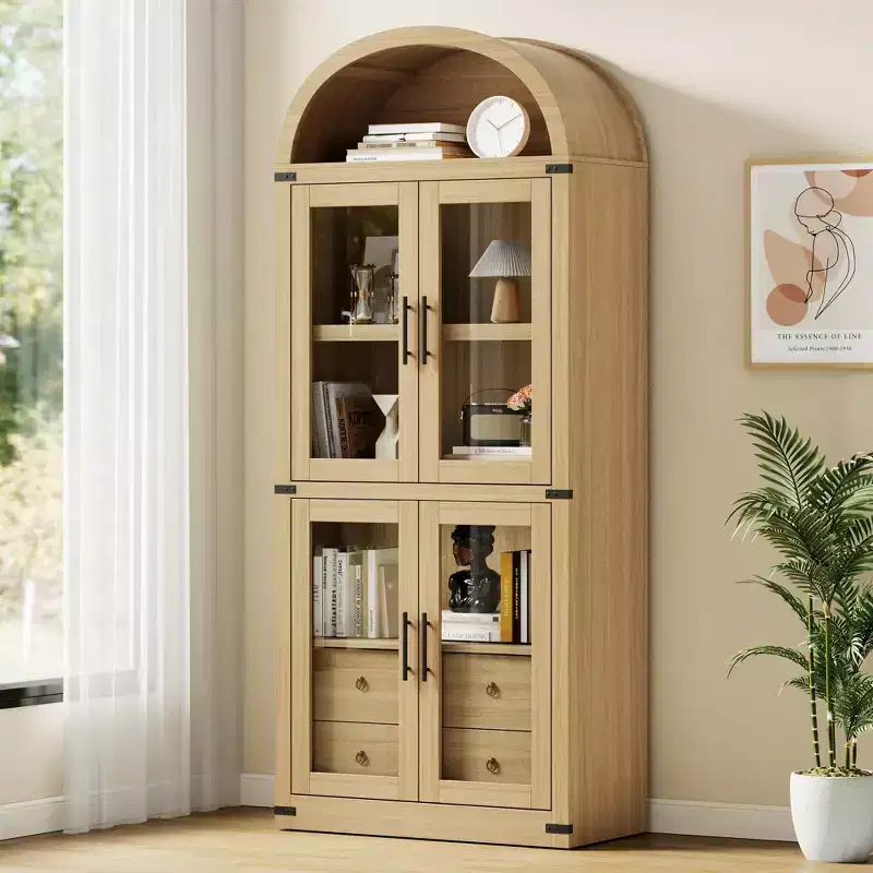 Arched Bookshelf with Doors and Drawers Farmhouse Bookcase 15.83in Depth Display Storage Shelves 71.4in Tall Wooden Display Cabinet Rounded Bookcases