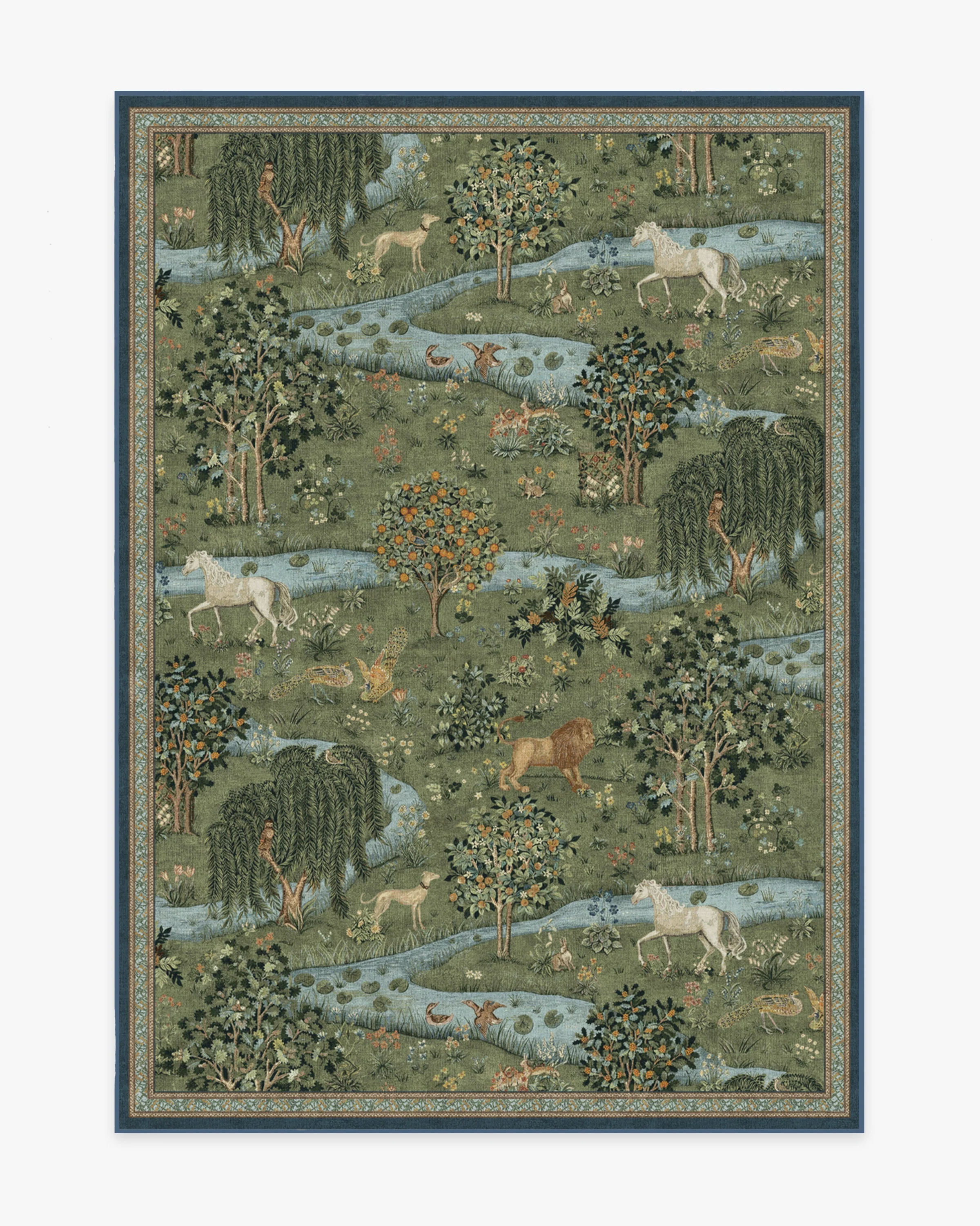 British Arts & Crafts Flatwoven Rug with Washable Forest Animal Tapestry in Green for Living Room & Study