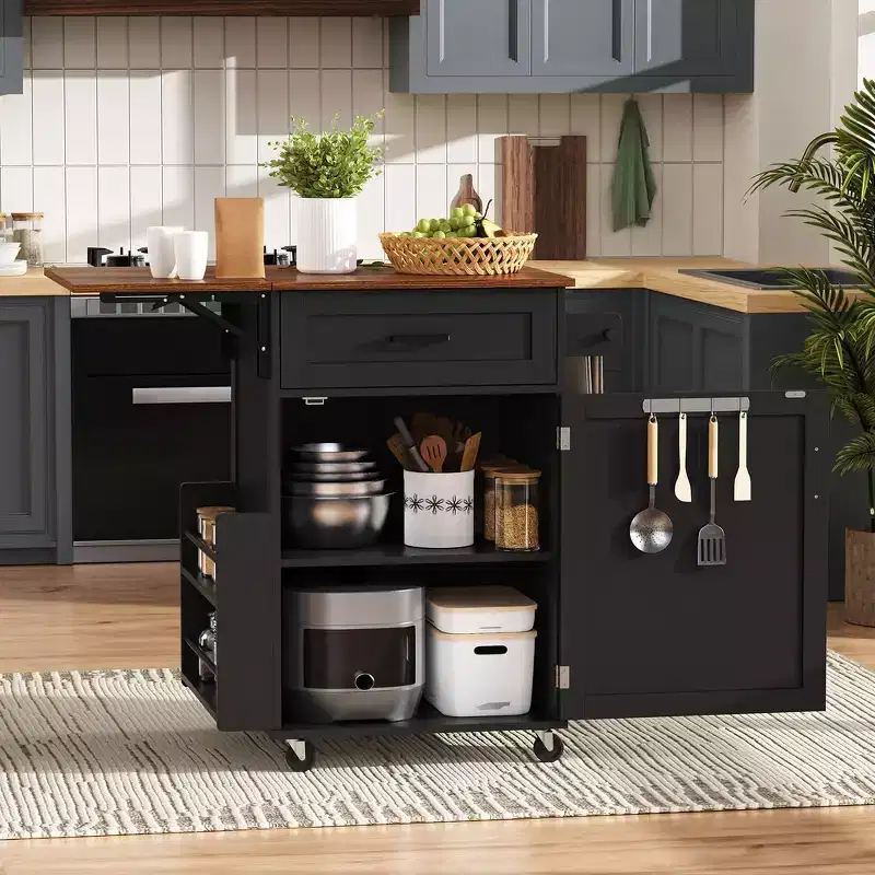 Whisen 39.3 Farmhouse Kitchen Storage Island Cart, Kitchen Portable Rolling Island Cart with Drop Leaf, Towel Rack, 1 Drawer