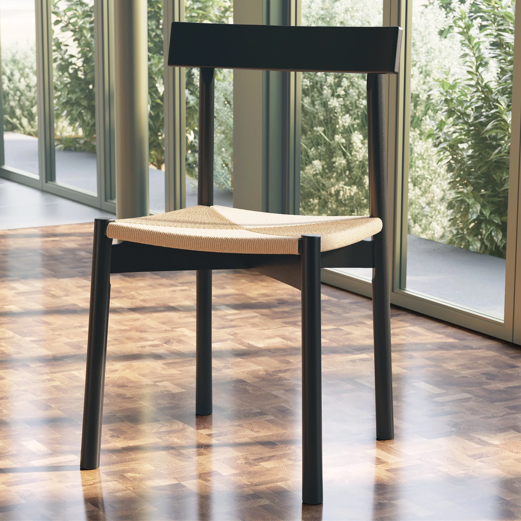 Mid-Century Modern Black Dining Chair with Solid Oak Frame