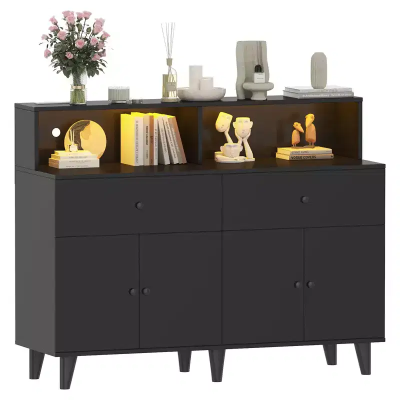 51 in Storage Cabinet with Adjustable Shelves, Wood Coffee Bar Station with Drawers, Freestanding Pantry Cupboard for Kitchen Dining Room