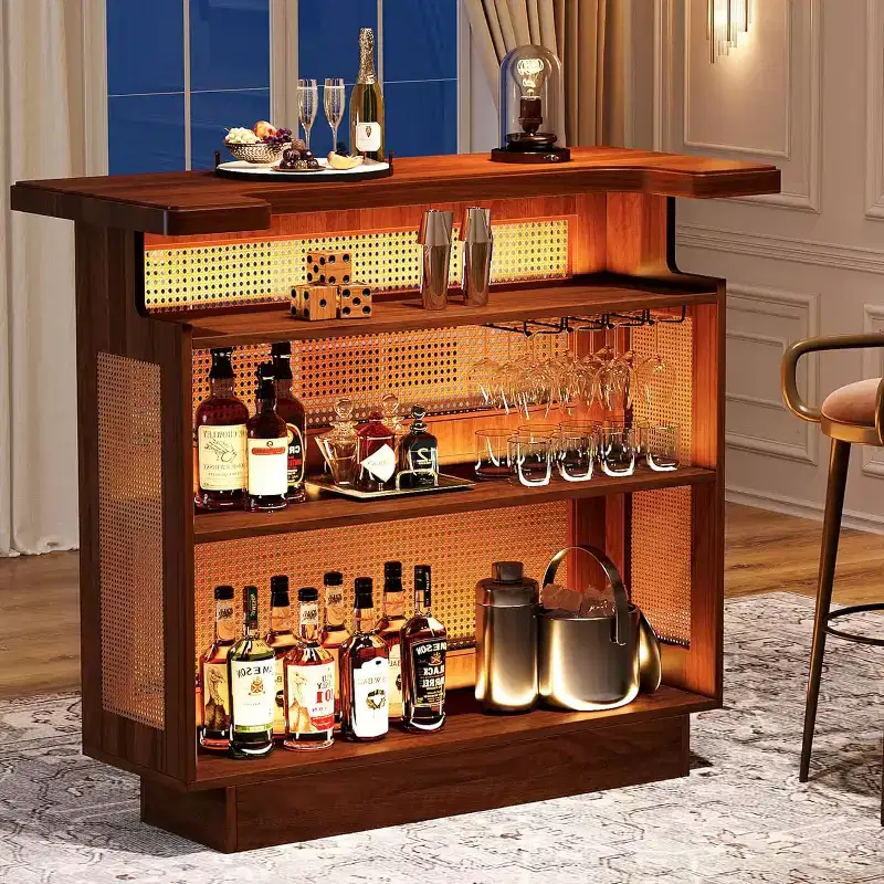 Rattan Home Bar Unit, Farmhouse 4-Tier Mini Bar Table With 4 Stemware Racks And Heightened Base, Liquor Bar Cabinet For Home Pub