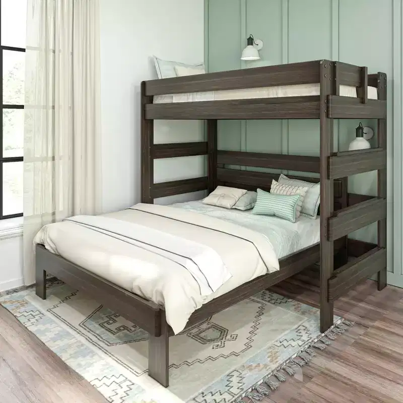 Solid Wood Modern Farmhouse Bunk Bed, L-Shaped Twin over Queen Bed Frame For Kids