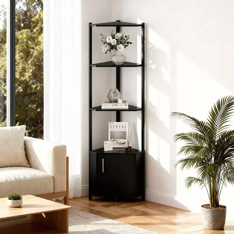 5 Tier Corner Shelf Stand, for Bedroom & Living Room, Industrial Corner Bookshelf for Home Office, Kitchen, Bathroom