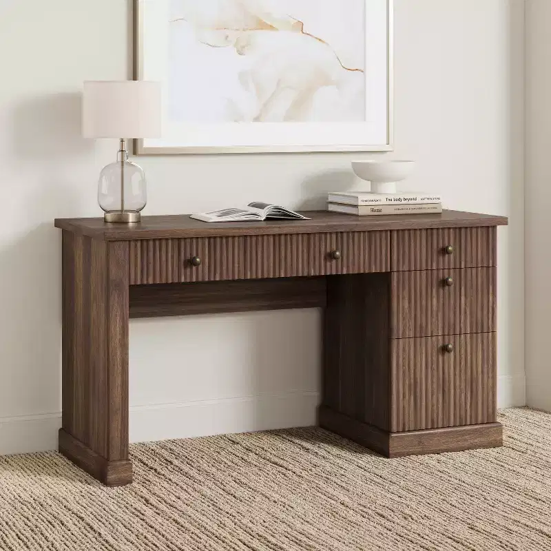 Garvee Fluted Home Office Desk Storage, 54 Modern Executive Desk with Charging Station, Wooden Computer Desk with File Drawers for Study