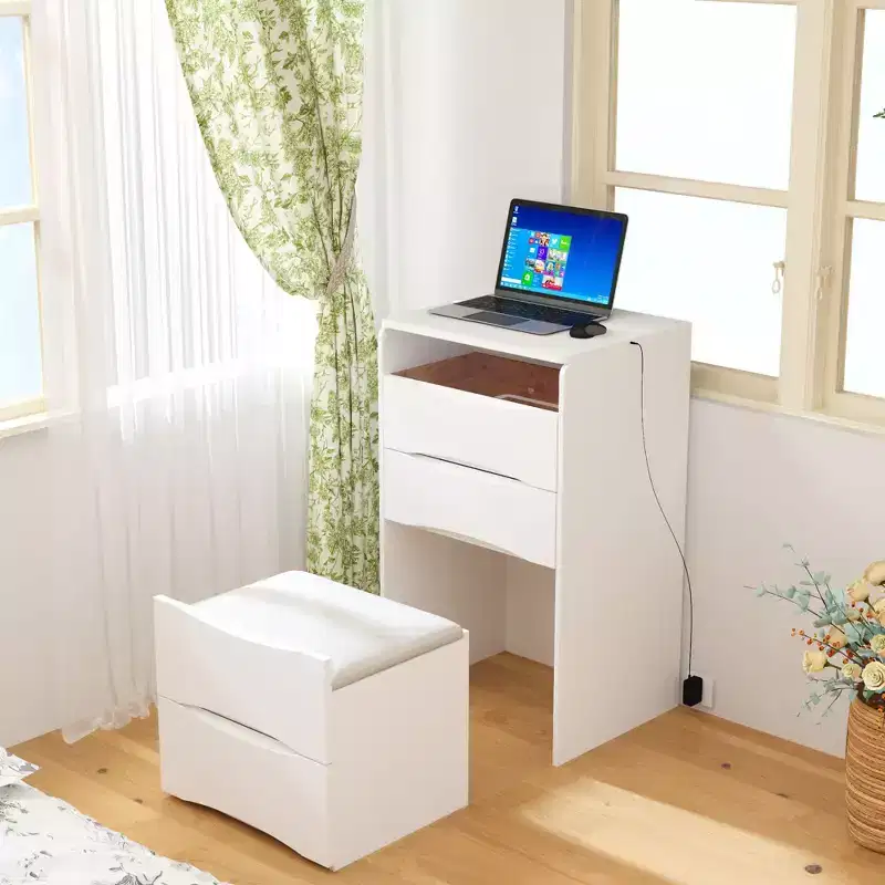 Famapy White Vanity with LED-Lit Mirror,Drawers & Movable Stool,3-Light Modes,Kids Vanity Nightstand,Computer Desk,Christmas Gift