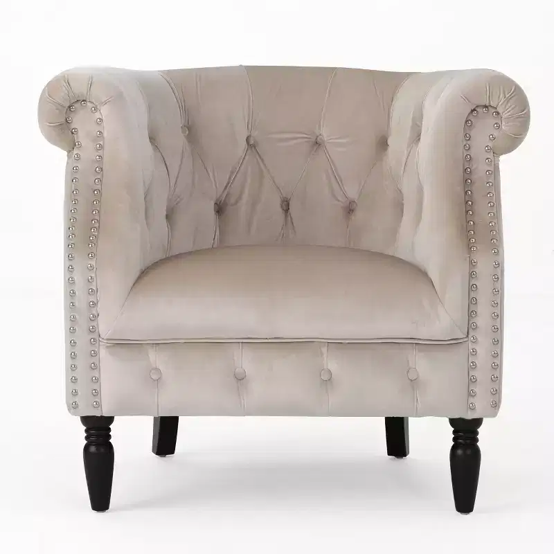 Contemporary Button-Tufted Upholstered Club Chair with Nailhead Trim & Birch Legs