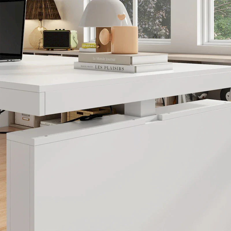 White Height-Adjustable Desk with Side Cabinet, 70.9
