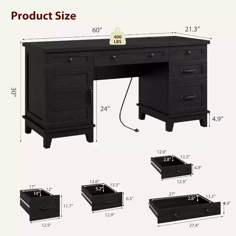 Extra-Large Two-Person Desk with Charging Station, Adjustable Storage & File Drawers for Shared Home Office and Study
