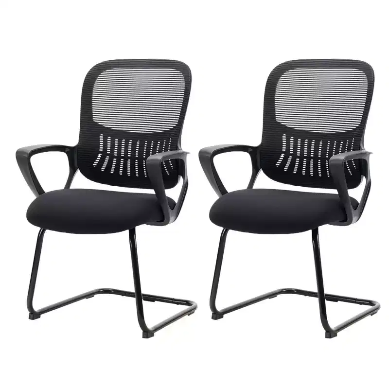 Set of 2 Ergonomic Executive Office Chairs with Sled Base, Mesh Back, Comfortable Arms, Lumbar Support, and No Wheels