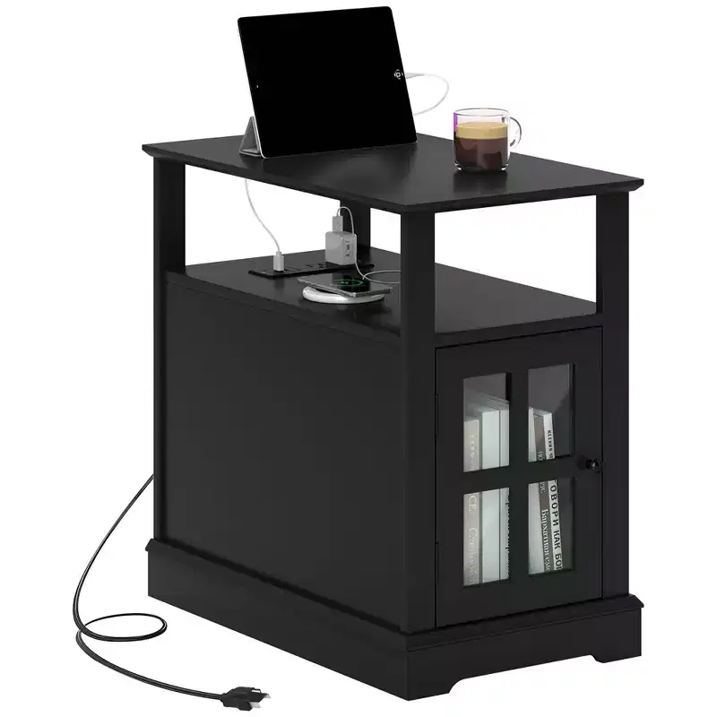HOMCOM Side Table with Charging Station, Narrow End Table with USB Ports and Outlets, Hidden Storage and Open Shelf for Living Room
