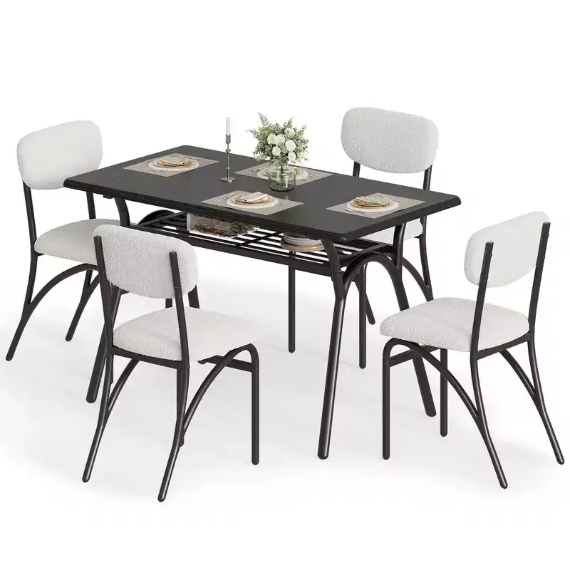 Counter Height Dining Set for 4 - Space Saving Rectangular Table with Storage & Velvet Chairs