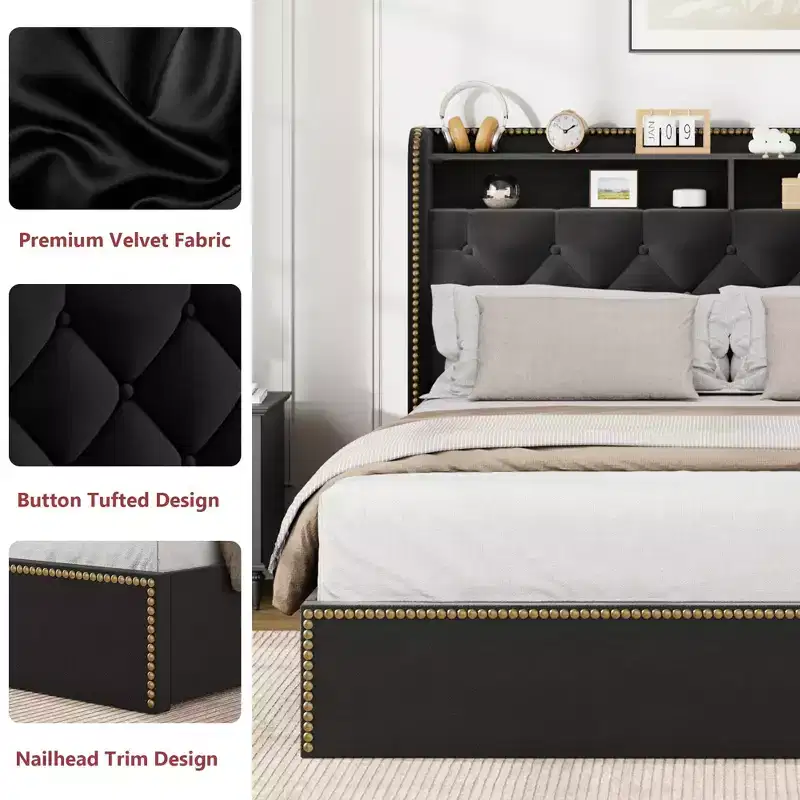 GustoWave Velvet Bed Frame with 4 Storage Drawers