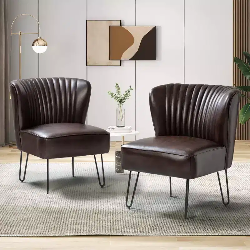 Set of 2 Mid-Back Tufted Faux Leather Accent Side Chairs with Metal Base