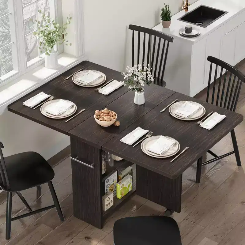 COZONY Folding Dining Table, Farmhouse Drop Leaf Expandable Kitchen Table with Storage Shelf and 6 Wheels, Space Saving Multipurpose Table