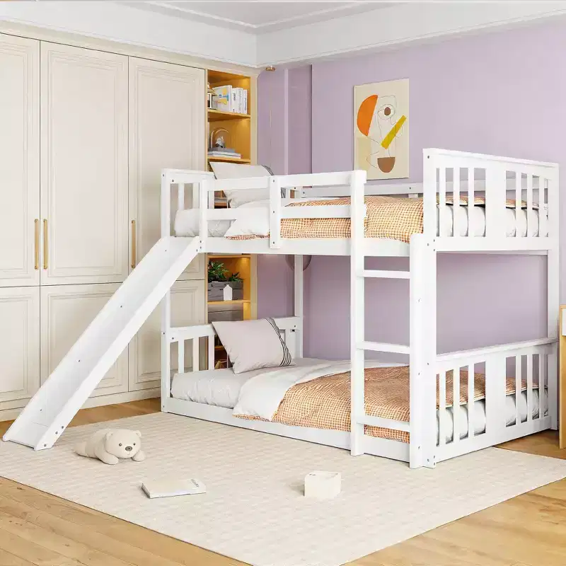 Twin over Twin Low Wooden Bunk Bed with Reversible Slide for Kids