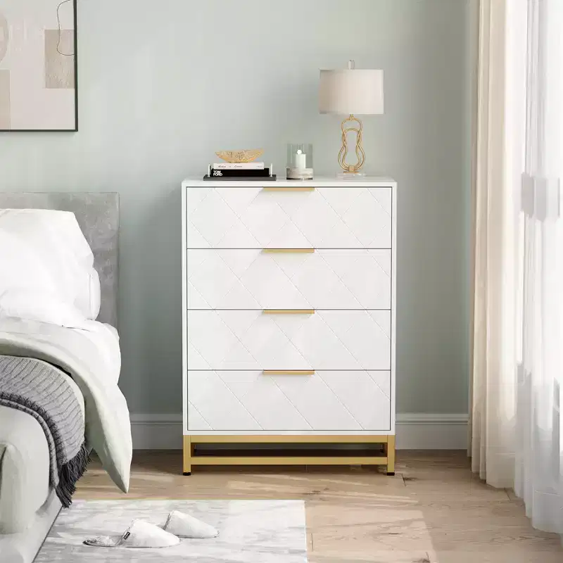 Dresser with 4 Drawer Bedroom, Wooden Dresser with Metal Legs and Handles, Bedside Storage Unit for Living Room, Hallway, Entryway