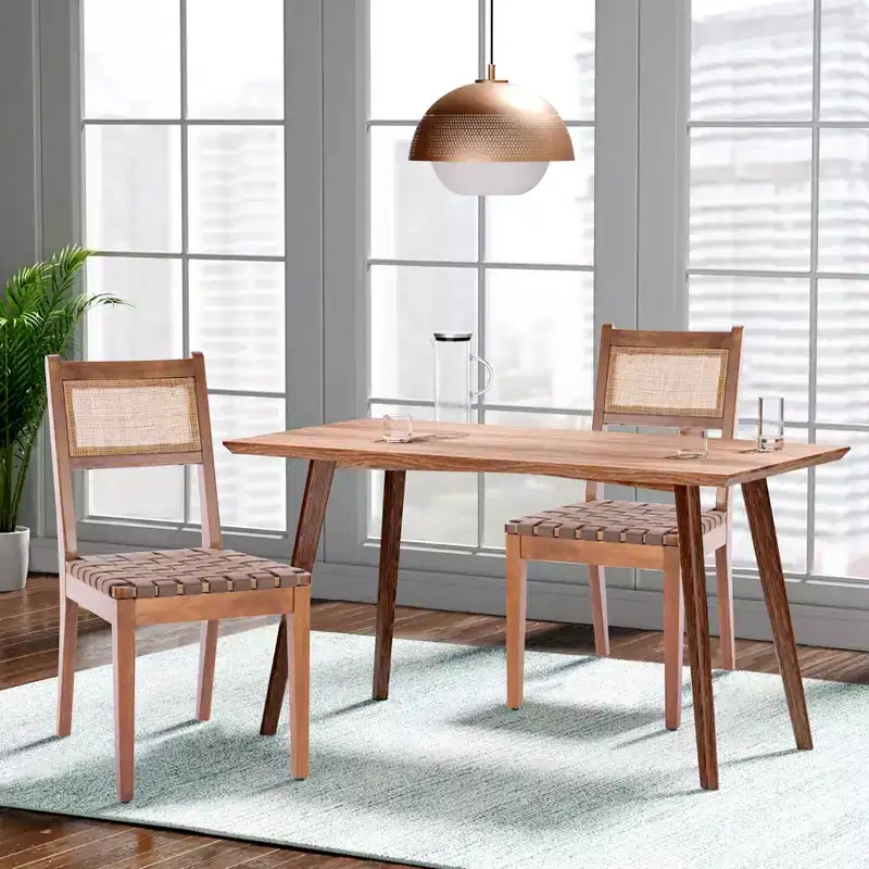 GDFStudio Karter Modern Rubberwood and Faux Leather Dining Chair with Rattan Back (Set of 2)