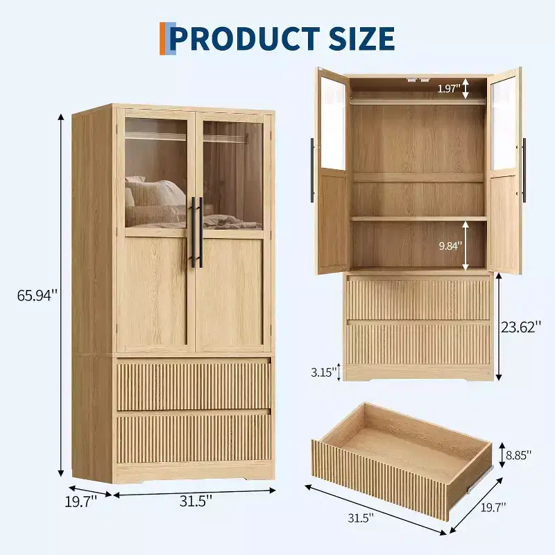 Natural Wood Armoire Wardrobe with Glass Doors - 2 Drawers & Hanging Rod - 31.5W x 65.9H - Freestanding Closet for Bedroom Storage