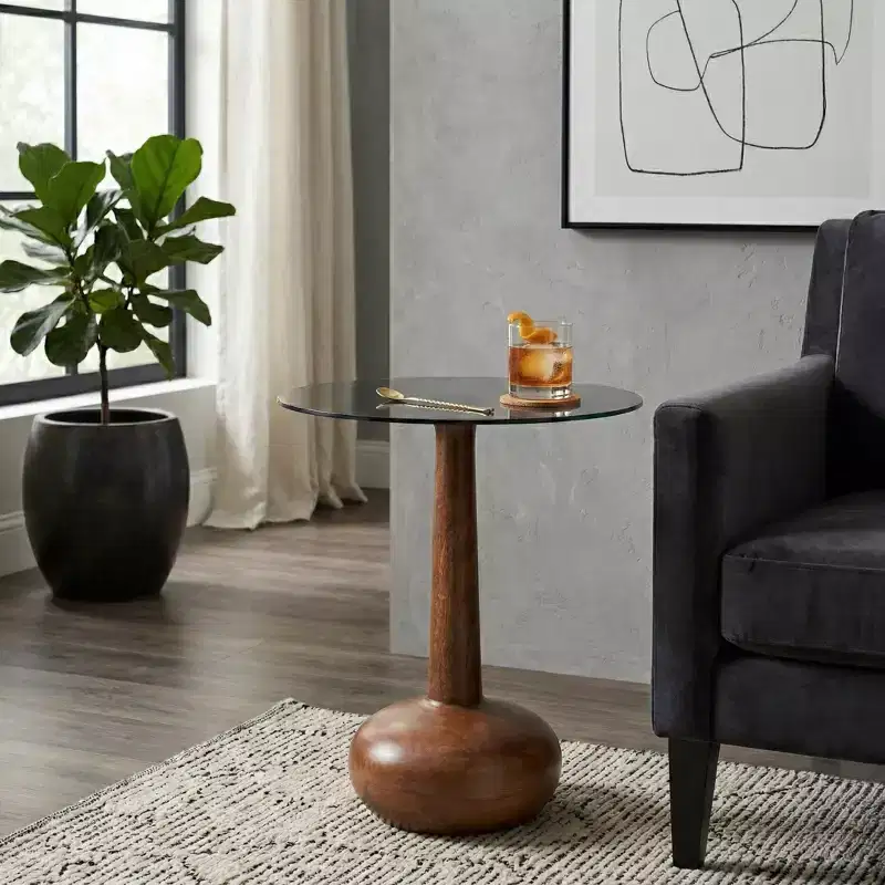 Elegant Glass-Top Wood Pedestal Side Table for Living Room Accent - Sculptural Narrow End Table for Entryway Styling - 21, Brown & Clear