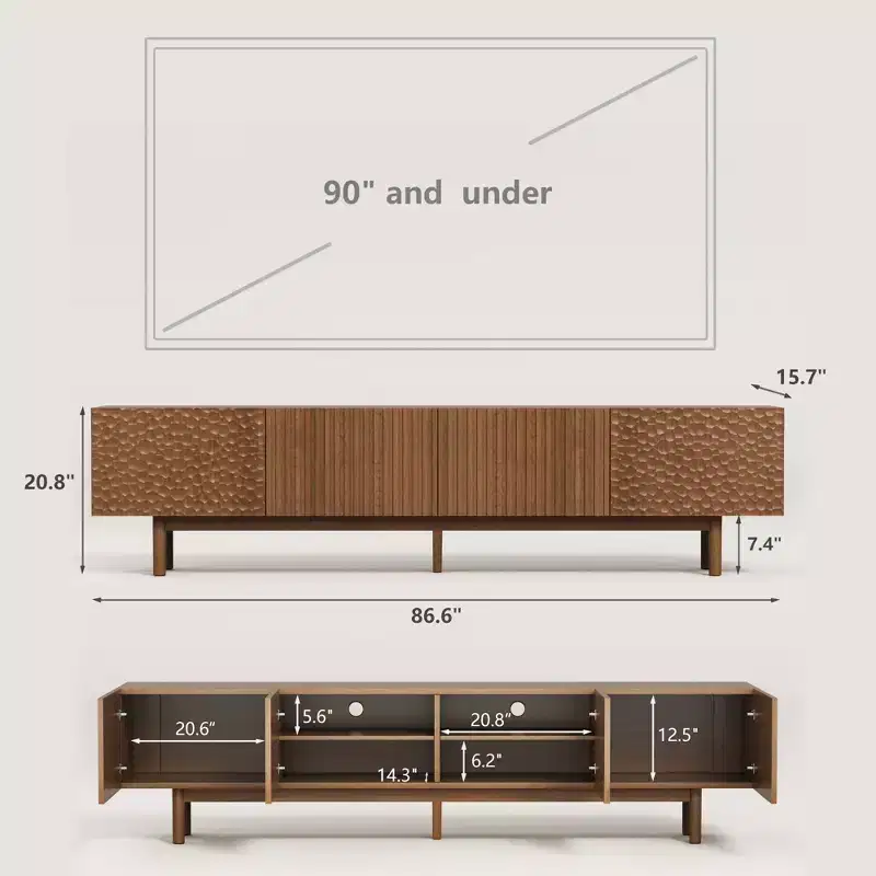 86.6 Inch TV Stand for TVs up to 90 Inches with Storage Cabinets and Wood Legs