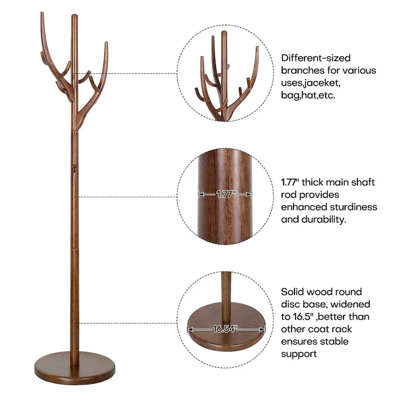 Adjustable Tree-branch Coat Rack Freestanding, Rubberwood Coat Tree - 16.54Dia. x 71.65H