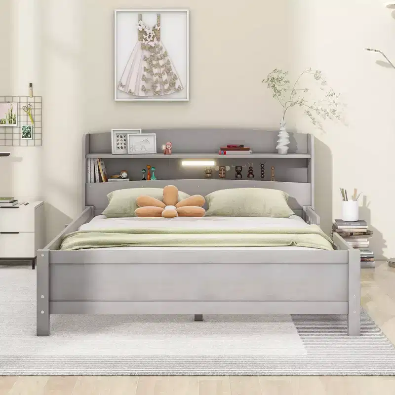 Okak Full Size Bed Frame with Headboard, Wood Platform Bed with Built-in LED Light, Storage Headboard and Guardrail, Antique Gray