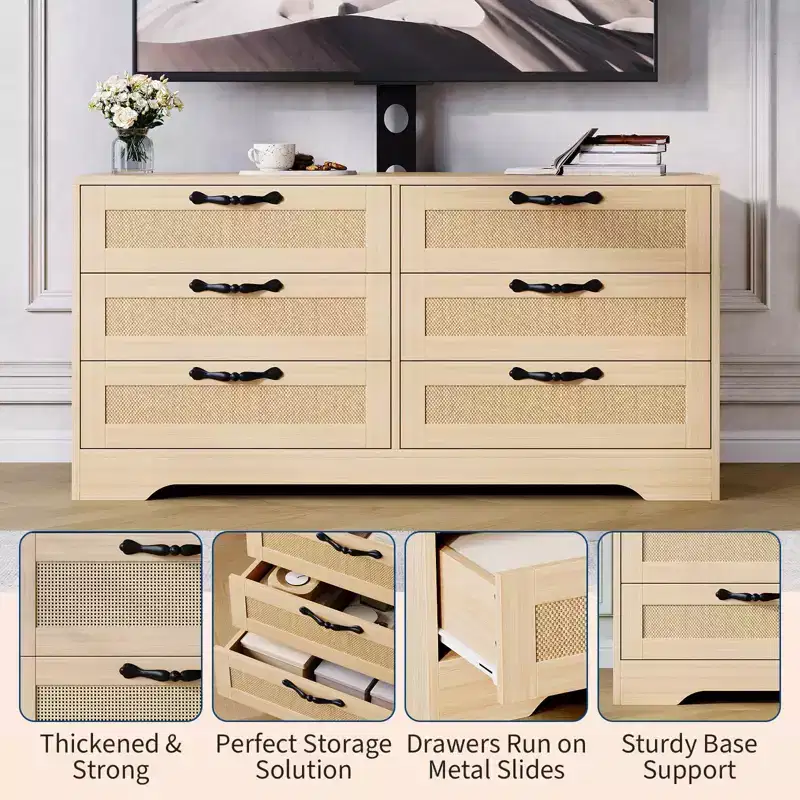 Wood & Rattan TV Stand with Mount 6-Drawer 47.2''W x 43.8''H x 15.7''D