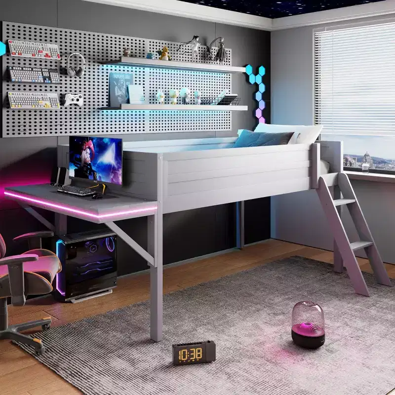Twin/Full Size Gaming Loft Bed, Wood Bed Frame with Desk and LED, Gray
