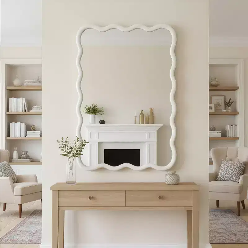 MAYEERTY 30 x 40 Wavy Rectangle Solid Wood Frame Decroative Mirror for Bedroom Bathroom Living Room White