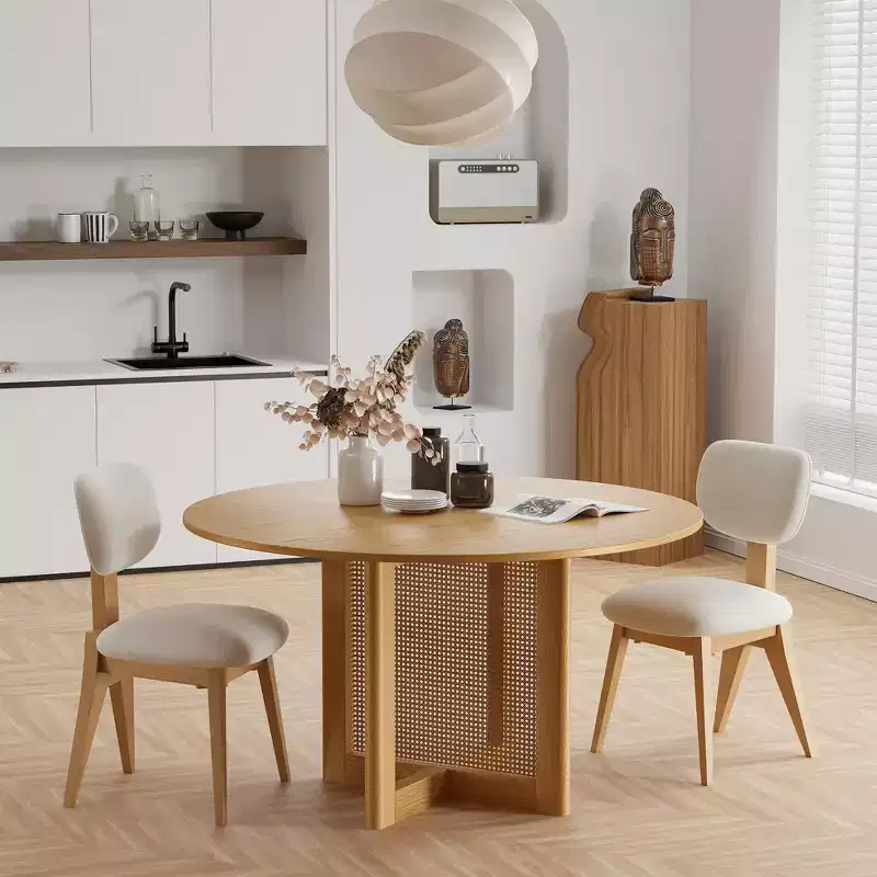 PexFix 52 x 52 Farmhouse Kitchen Dining Room Table Furniture Round Natural Kitchen Table with Rattan Woven Legs for Kitchen Bar Living Room