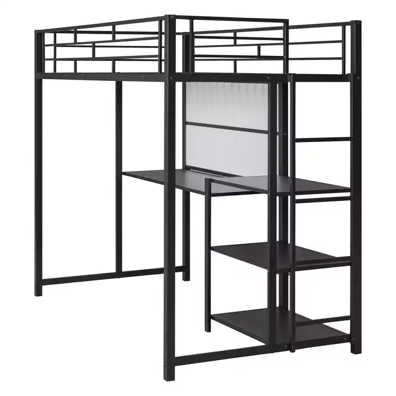 Loft Bed with Desk and Whiteboard for Kids Boys Girls, Metal Loft Bed with 3 Shelves and Ladder