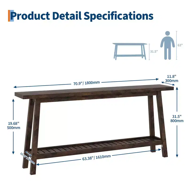 71 Wood Entryway Table with Storage, Farmhouse 2-Tier Narrow Console Table, for Living Room, Hallway, Entrance, Behind The Couch, Easy Assembly