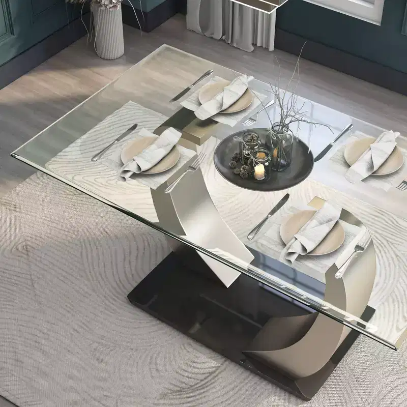  Glass Top Dining Table Silver/Black: Modern Pedestal Base, Seats 6, Satin Finish