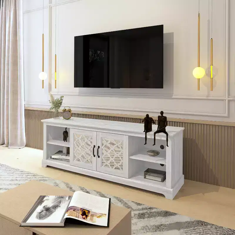 Wood TV Stand with Mirrored Door Storage 68.2