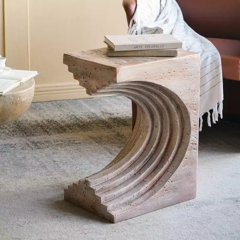 Modern Lightweight Sculptural Arched Side Table with Faux Travertine Finish