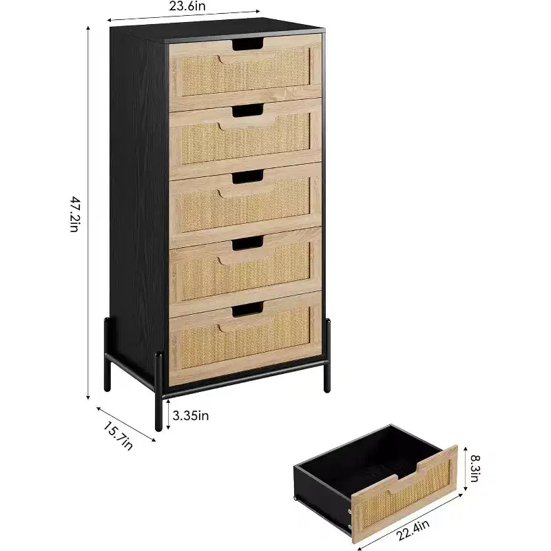 Natural Rattan 5 Drawer Dresser, Wooden Chest of Drawers, Farmhouse Storage Cabinet with Metal Legs, Modern Dresser for Bedroom, Living Room