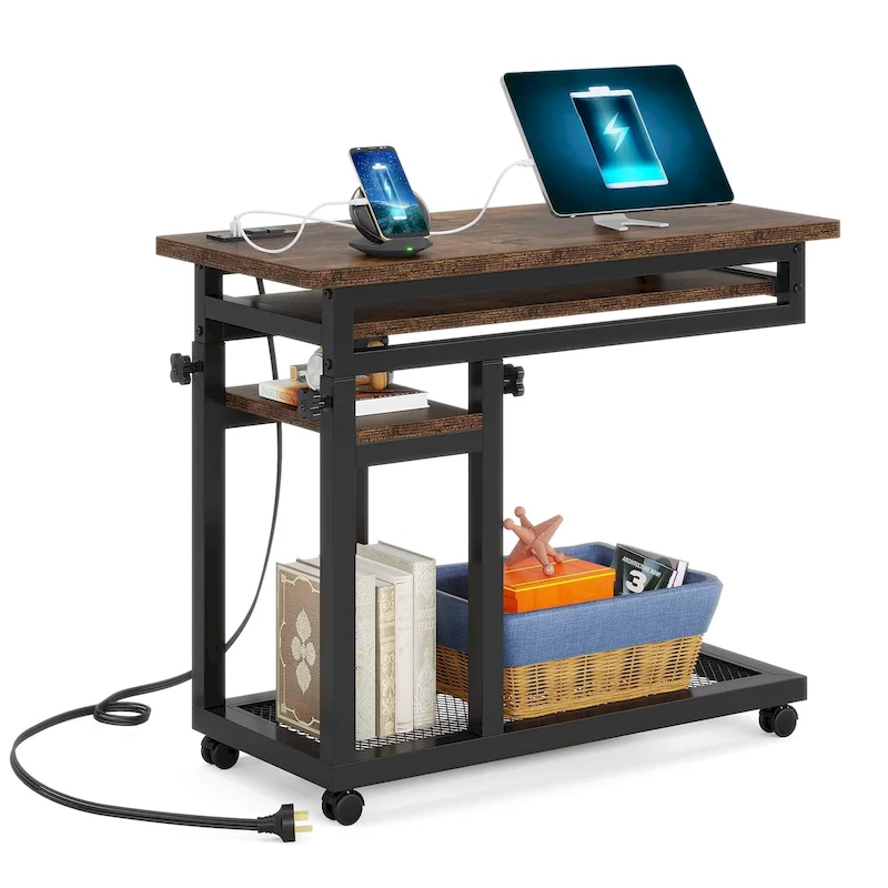 Height Adjustable Rolling Desk with Outlet and USB Ports
