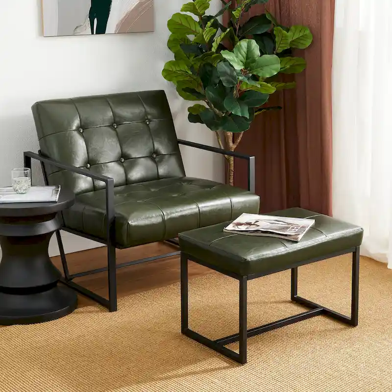 Glitzhome Modern PU Leather Tufted Accent Chair with Ottoman Set