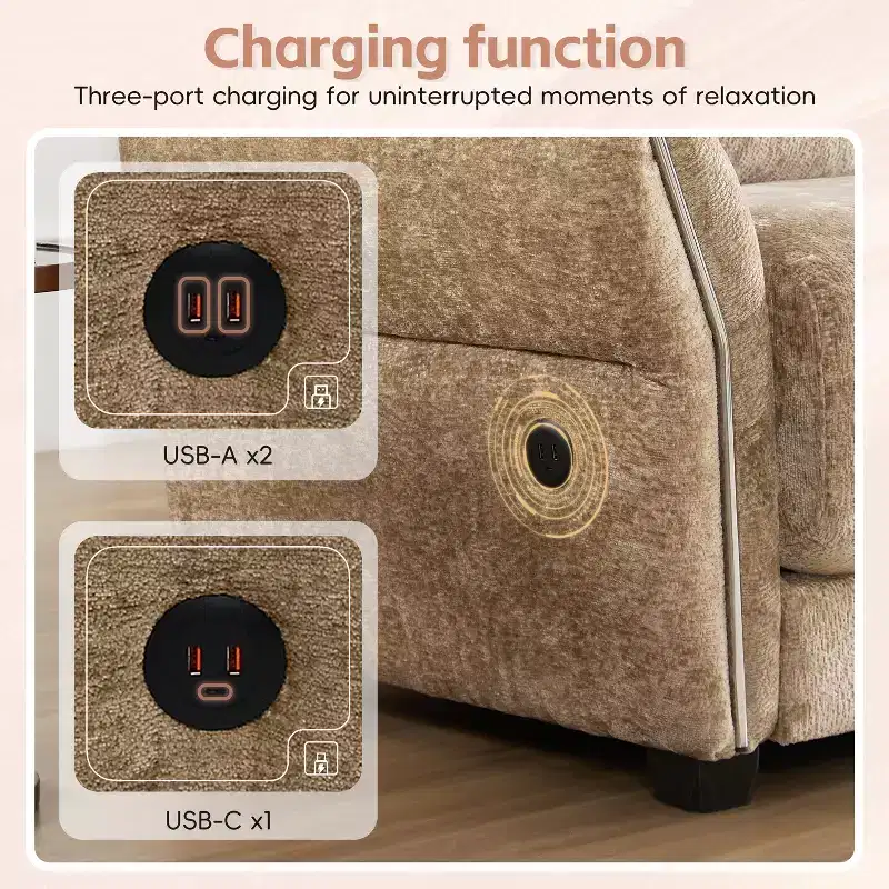 L-Shaped Sectional Sofa Set with Ottoman, 3-Seat Chenille Couch with Extra-Wide Seat and USB, 110
