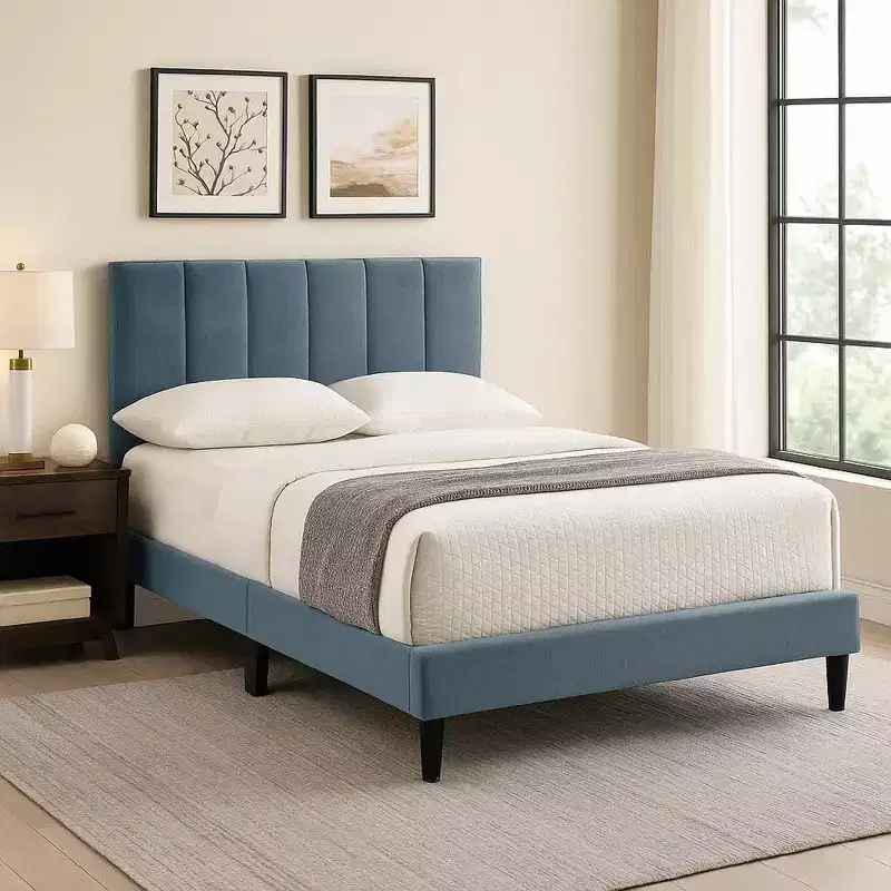 Full Bed, Soft Channel Tufted Light Gray Linen Upholstery