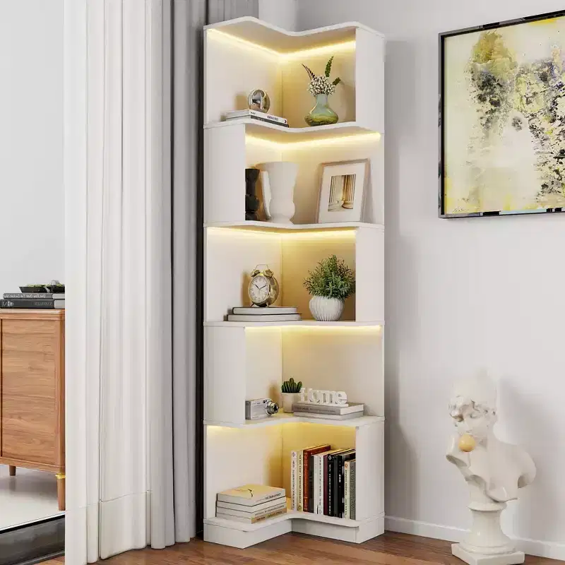 Corner Bookshelf, 5-Tier L-Shaped Freestanding Storage Organizer with Baffle, 68.9