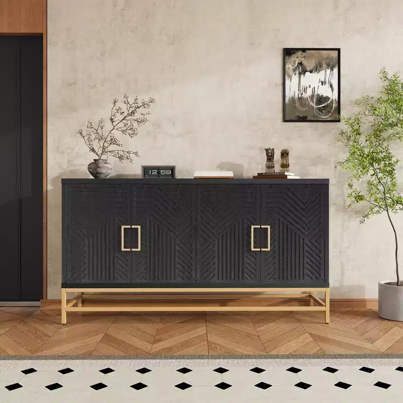 59.8 Retro Style Sideboard, Buffet Storage Cabinet with Adjustable Shelves, Metal Handles and Legs 4M-ModernLuxe
