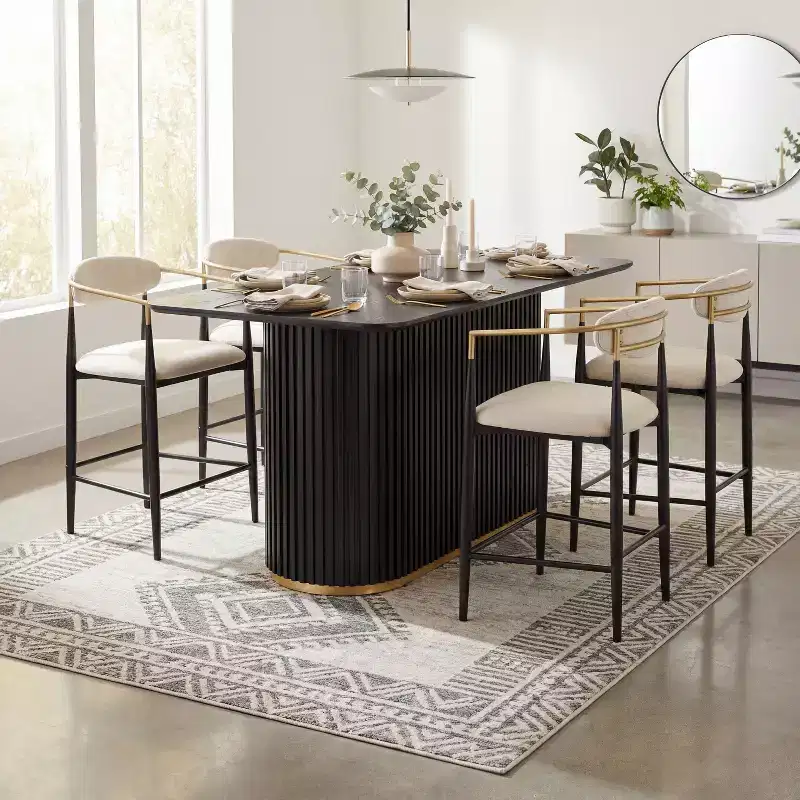 Christopher Knight Home Iwinie Modern 5 Piece Dining Set with Pedestal Wooden Table and Metal Upholstered Counter Stools