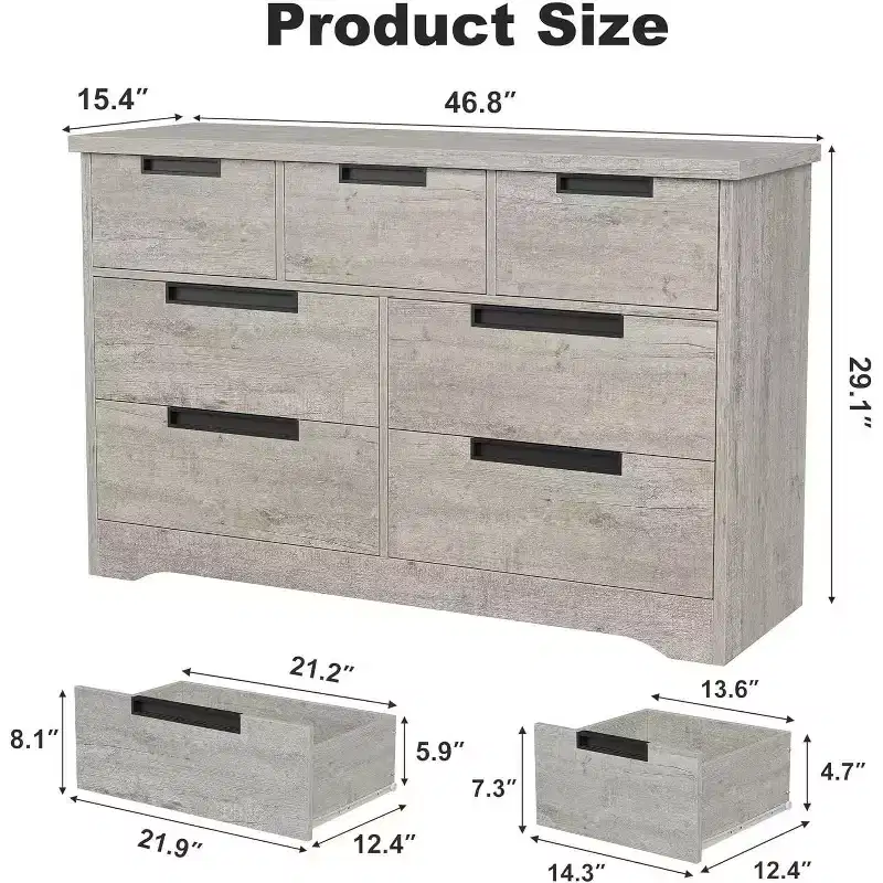 7-Drawer Dresser for Bedroom, Modern Gray Chest with Recessed Handles, Wooden Storage Organizer for Living Room, Nursery, Hallway, or Entryway