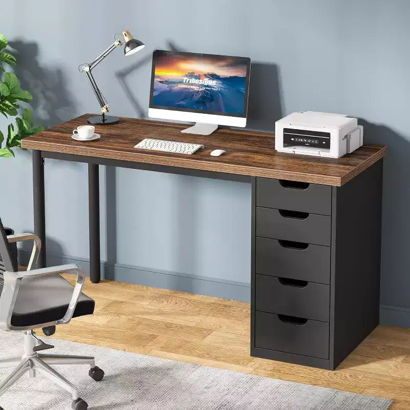 47 Rustic Brown Computer Desk with 5 Drawers, Modern Storage & Reversible Cabinet for Small Home Office Spaces