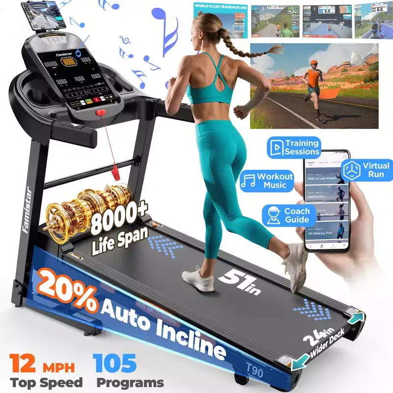 5HP 20% Auto Incline Treadmill w/, 400lb Capacity Folding Treadmill,12MPH Fast Speed,105 Smart Program,APP Control,Walking Running Treadmill for Home