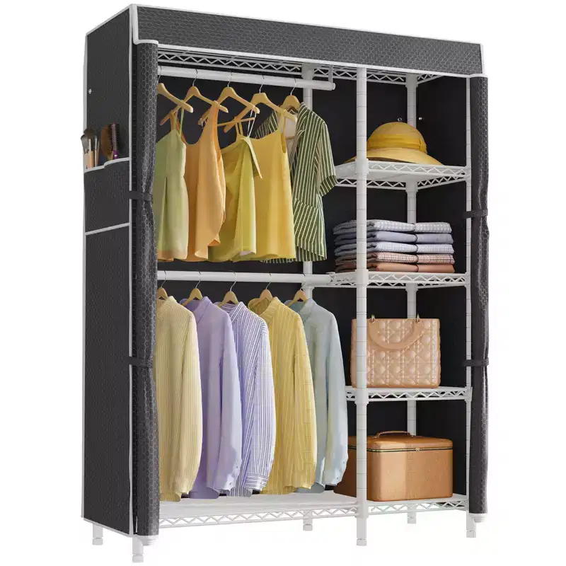 Portable Closet Garment Rack with Dustproof Cover, Double Hanging Rod & 5-Tier Shelves, Heavy Duty Carbon Steel, White