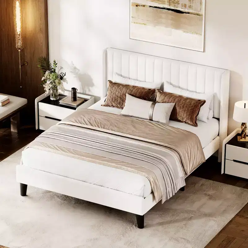 Beige Velvet Wingback Platform Bed Frame, Vertical Channel Tufted, Full/Queen